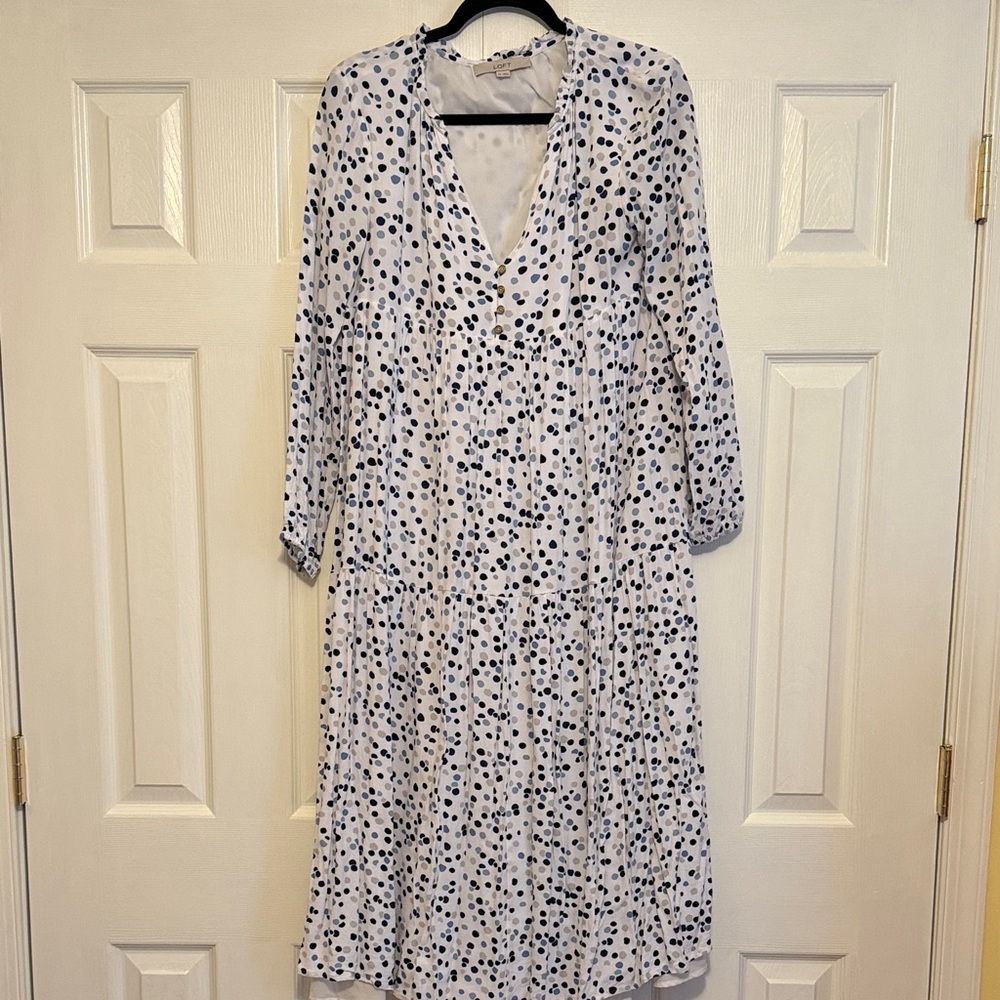 LOFT White and Blue Patterned Long Sleeve Maternity Dress NWOT